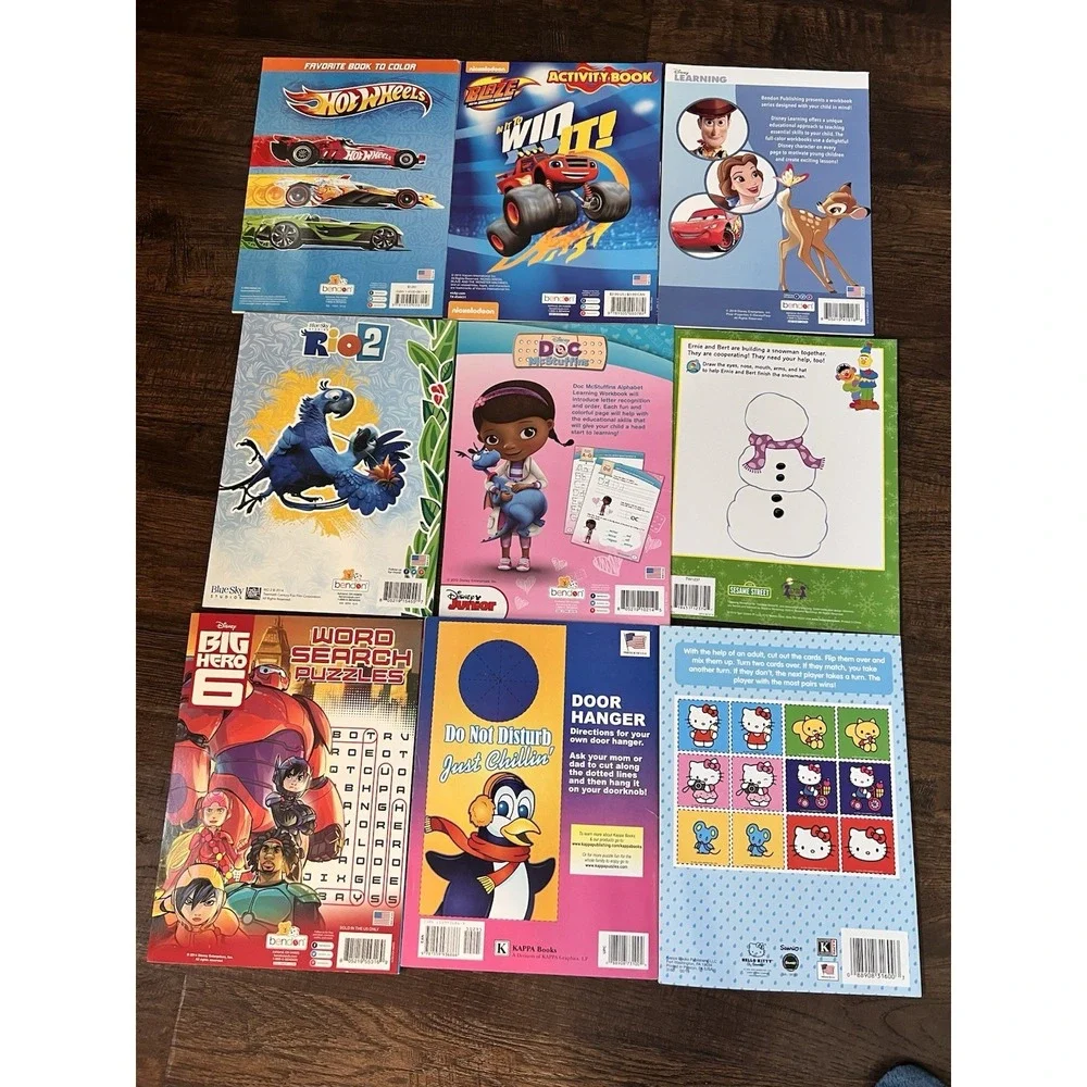 Vtg LOT 9 Disney Hot Wheels Sesame Street Hello Kitty Coloring Work Puzzle Books